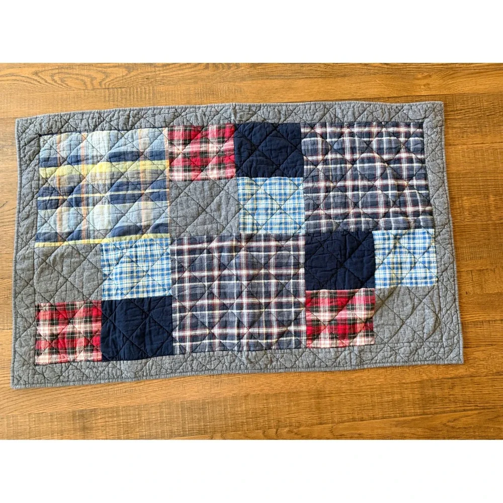 Cremieux Blaine King Pillow Sham Quilted Patchwork Plaid Blue Red Grey Cotton